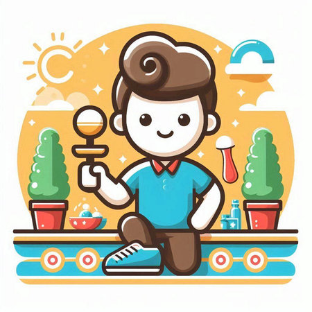 Cute cartoon boy playing video game in the park. Vector illustration.のイラスト素材