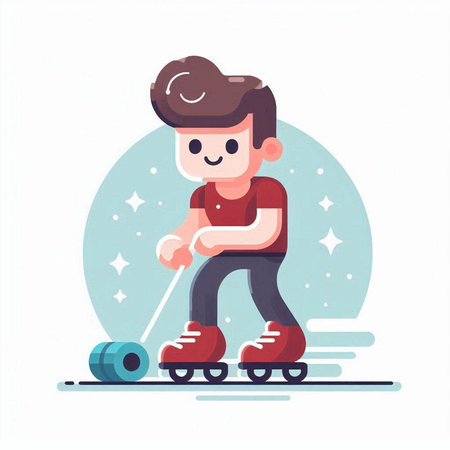 Cute boy riding roller skates. Flat style vector illustration.のイラスト素材