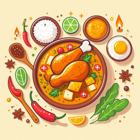 Thai food. Chicken curry, rice, egg and spices. Vector illustrationのイラスト素材