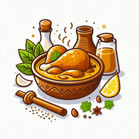 Vector illustration of a bowl of chicken soup and ingredients for cooking.のイラスト素材