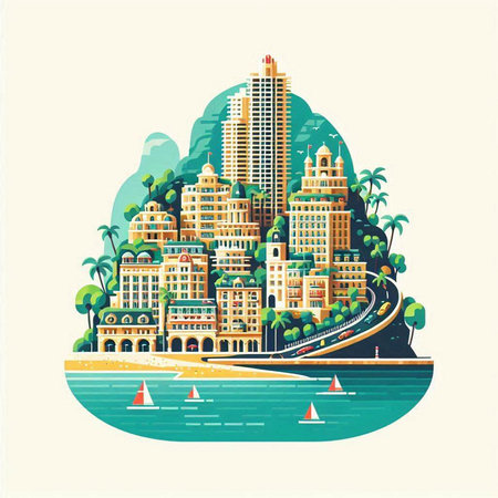 Vector illustration of skyscrapers in flat style on the background of the sea.のイラスト素材