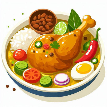 Illustration of chicken with rice and vegetables on a white background.のイラスト素材