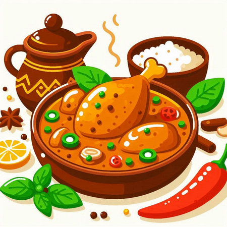 Vector illustration of chicken with spices and herbs in a wooden bowl.のイラスト素材