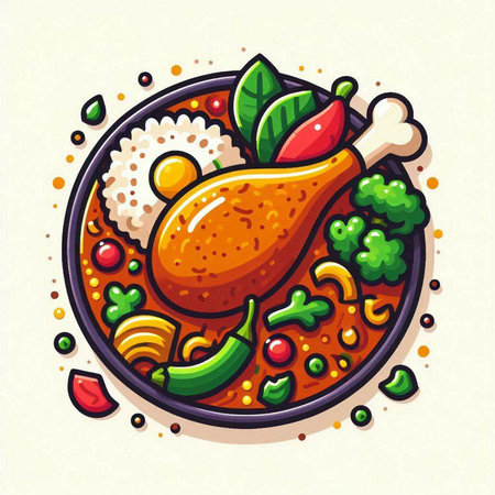 Illustration of a plate of chicken, rice and vegetables. Vector illustration.のイラスト素材