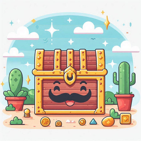 Cartoon treasure chest. Vector illustration of a treasure chest with a mustache.のイラスト素材
