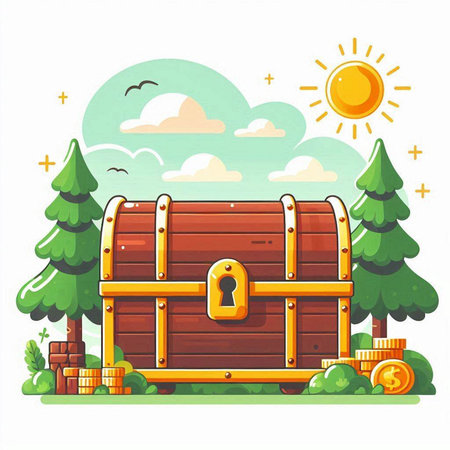 Treasure chest with coins and trees. Vector illustration in cartoon styleのイラスト素材