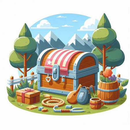 Wooden chest with tools in the forest. Vector cartoon illustration.のイラスト素材