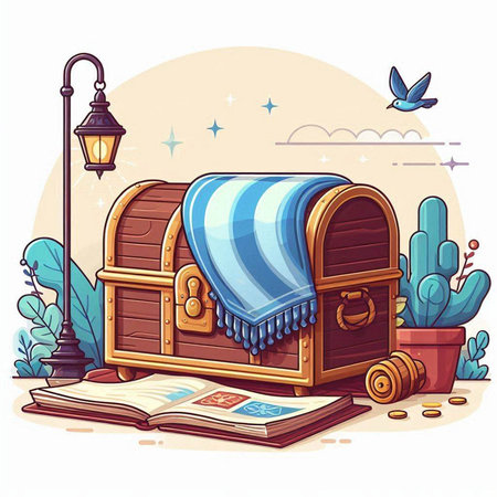 Vector illustration of a wooden chest with a blue blanket and a book.のイラスト素材