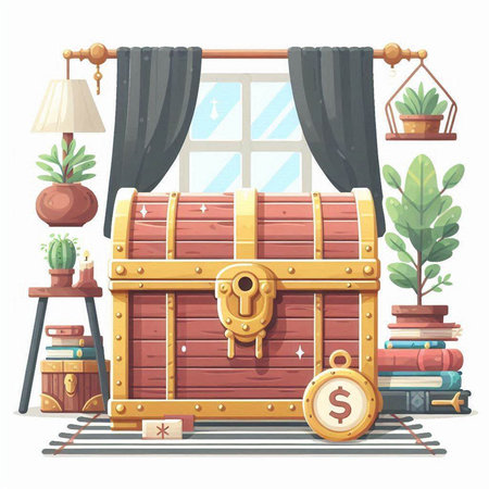 Treasure chest with gold coins, books, potted plants. Cartoon vector illustrationのイラスト素材