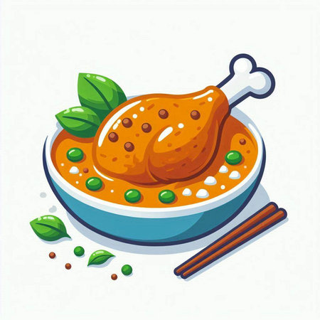 Illustration of chicken curry in bowl with green peas and chopsticksのイラスト素材