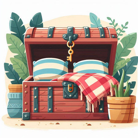 Wooden chest with pillows and plaid. Vector illustration.のイラスト素材