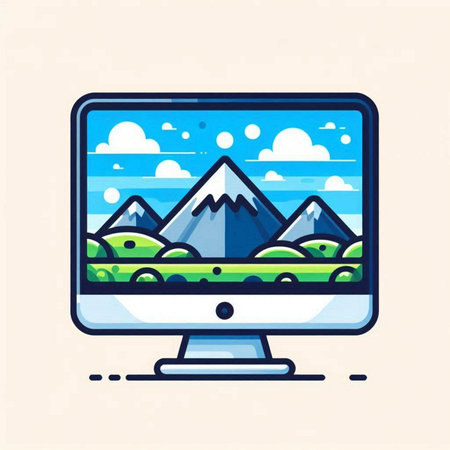 Vector illustration of modern flat design icon of computer monitor with mountain landscape on screenのイラスト素材