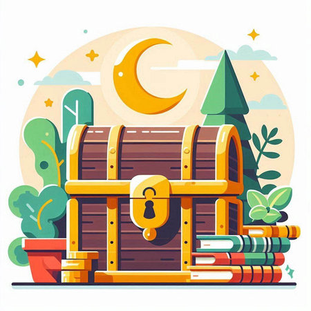 Treasure chest with lock and crescent moon. Vector illustration.のイラスト素材