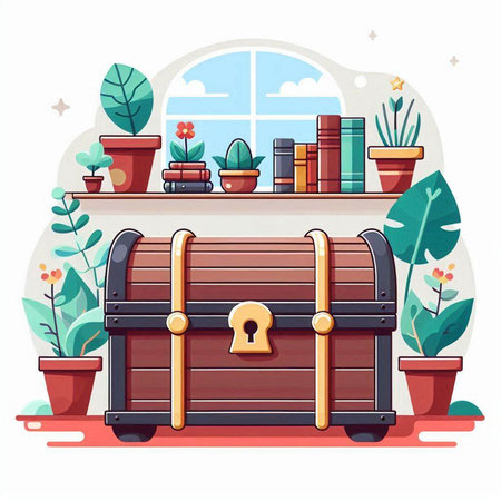 Treasure chest with books and plants. Flat style vector illustration.のイラスト素材