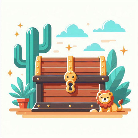 Wooden chest with lion, cactus and succulent. Vector illustrationのイラスト素材