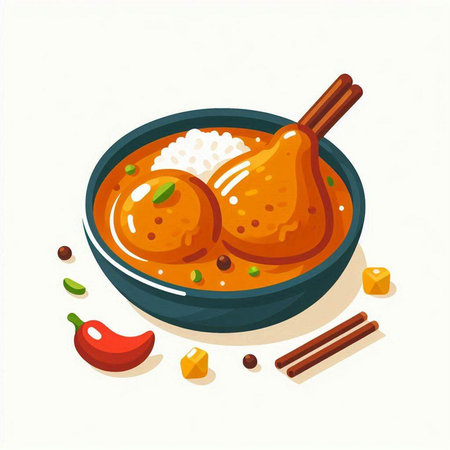 Vector illustration of a bowl of spicy chicken soup with rice and spicesのイラスト素材