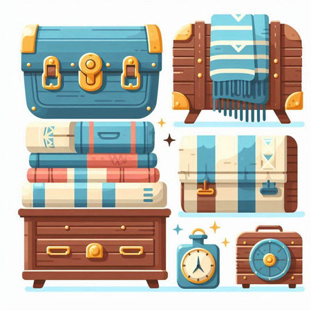 Set of different types of travel suitcases. Cartoon vector illustration.のイラスト素材