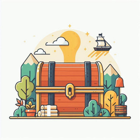 Treasure chest in the forest. Vector illustration in flat style.のイラスト素材