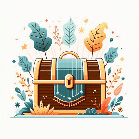 Treasure chest in the forest. Vector illustration in flat style.のイラスト素材