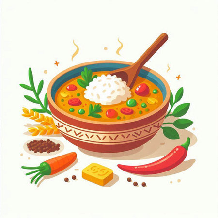 Vegetable soup with rice in a bowl. Vector illustration.のイラスト素材