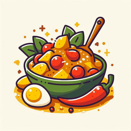 Vector illustration of curry in bowl with spoon, egg and pepper.のイラスト素材