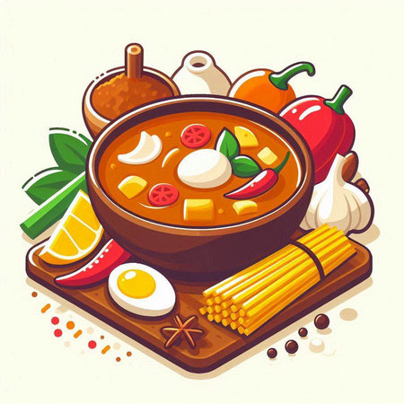 Bowl of soup with ingredients. Vector illustration in cartoon style.のイラスト素材