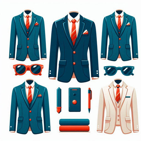 Men's suits and accessories set. Vector illustration in flat style.のイラスト素材