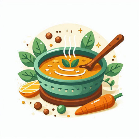Vegetable soup in bowl with carrot and peas. Vector illustration.のイラスト素材