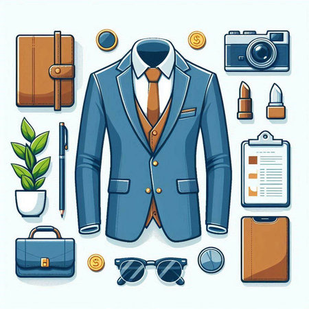 Vector illustration of a man's suit, accessories and business items.のイラスト素材