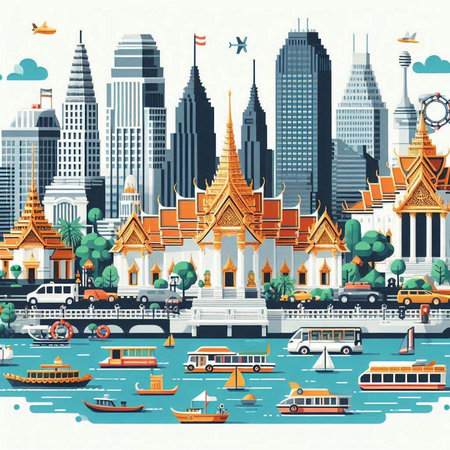 Thailand travel. Landmarks of Bangkok, Thailand. Vector illustrationのイラスト素材