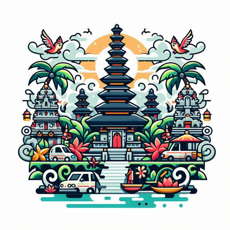 Buddhist temple in Bali, Indonesia. Vector illustration.のイラスト素材