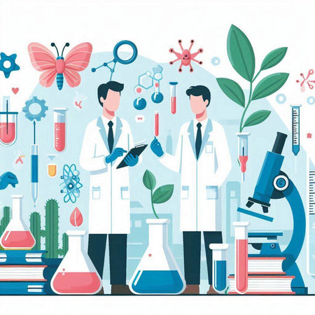 Vector illustration of scientists working in laboratory. Chemistry, biology, medicine, biotechnology concept.のイラスト素材
