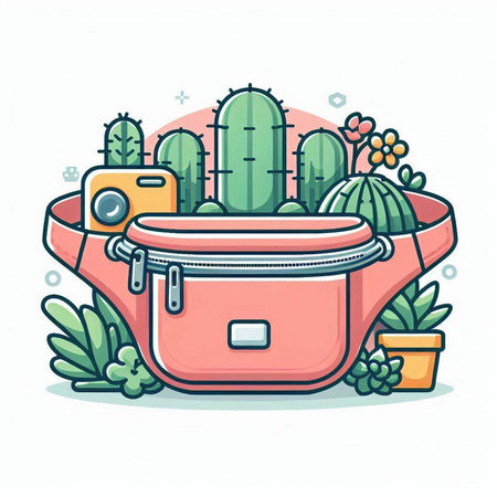 Cactus and camera in handbag. Vector illustration in cartoon style.のイラスト素材