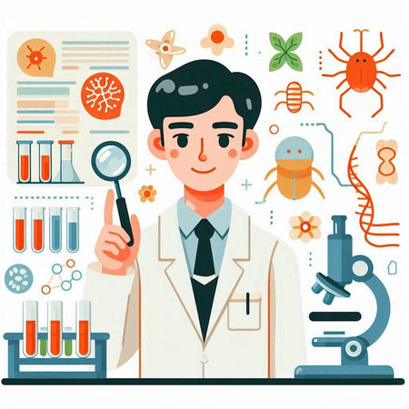 Scientist in lab coat with a magnifying glass. Flat vector illustration.のイラスト素材