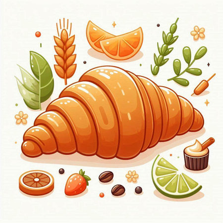 Vector illustration of fresh croissant and ingredients for making pastry.のイラスト素材