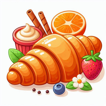 Croissant with cream and berries on a white background. Vector illustrationのイラスト素材