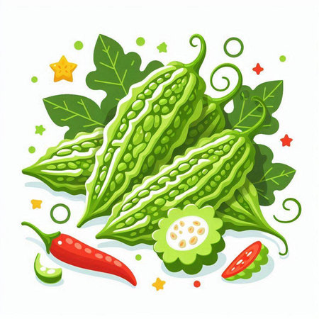 Bitter gourd and chili pepper on white background. Vector illustration.のイラスト素材