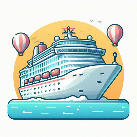 Cruise ship on the sea. Vector illustration in cartoon style.のイラスト素材