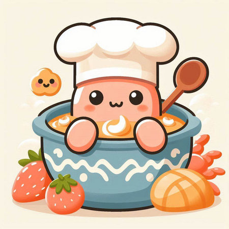 Cute illustration of a bowl of oatmeal porridge with chef hat and spoonのイラスト素材