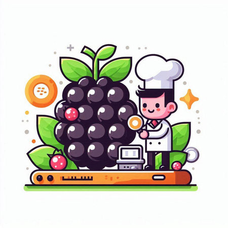 Chef with blackberry. Vector illustration in flat cartoon style.のイラスト素材