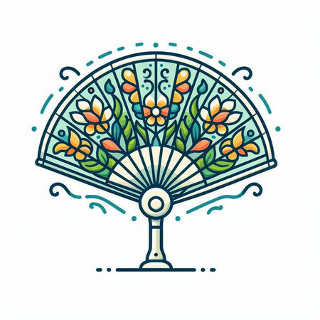 Folding fan with floral pattern, hand drawn vector illustration in doodle styleのイラスト素材