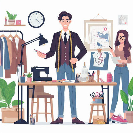 Fashion designer man working at his office. Vector illustration in flat styleのイラスト素材