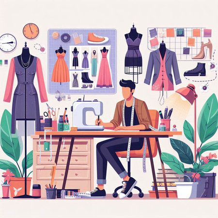 Fashion designer working in his studio. Vector illustration in flat styleのイラスト素材
