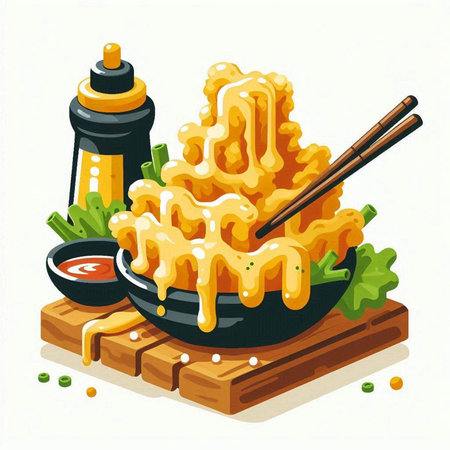 Illustration of a bowl of tempura with sauce and chopsticksのイラスト素材