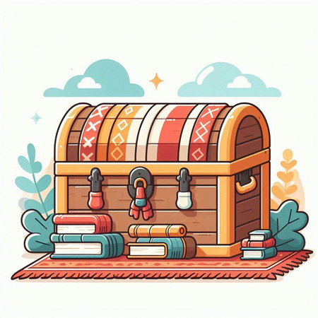 Vector illustration of a wooden pirate chest and books. Cartoon style.のイラスト素材