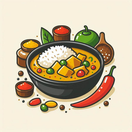 Illustration of a bowl of spicy curry with rice and vegetables.のイラスト素材