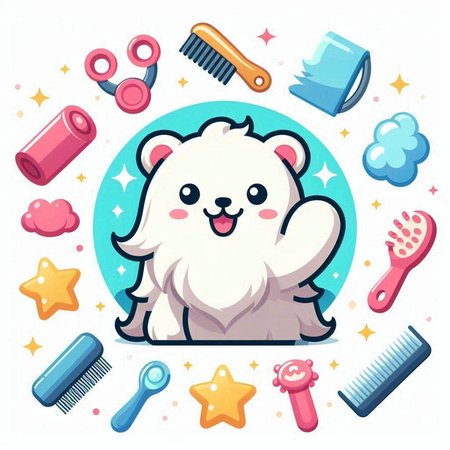 Cute cartoon white bear with a set of accessories for grooming. Vector illustrationのイラスト素材