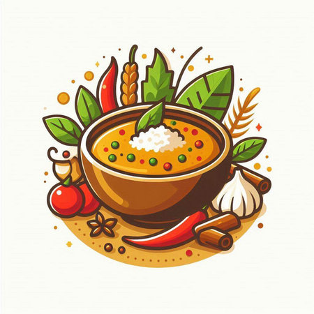 Illustration of a bowl of spicy soup, spices and herbs.のイラスト素材