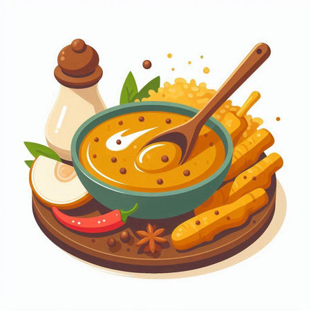 Mushroom sauce in bowl with spices and herbs. Vector illustration.のイラスト素材