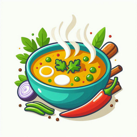 Curry soup in bowl. Vegetarian food. Vector illustration.のイラスト素材